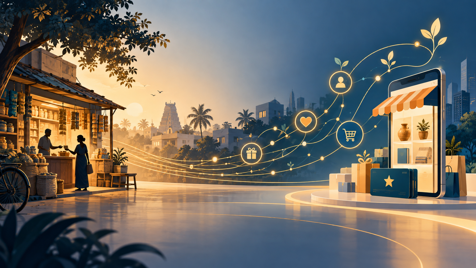 A neighborhood kirana store transitions into a modern digital customer journey, connected by warm lines of loyalty and engagement.